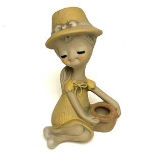 Vintage MCM Figurine UCTCI Japan Stoneware Bud Vase Mod Girl Bucket Hat Boho